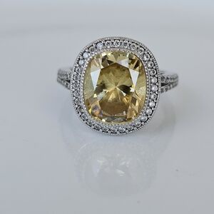 Elegant Yellow Citrine & Diamond Simulants Sterling Silver Size 8!